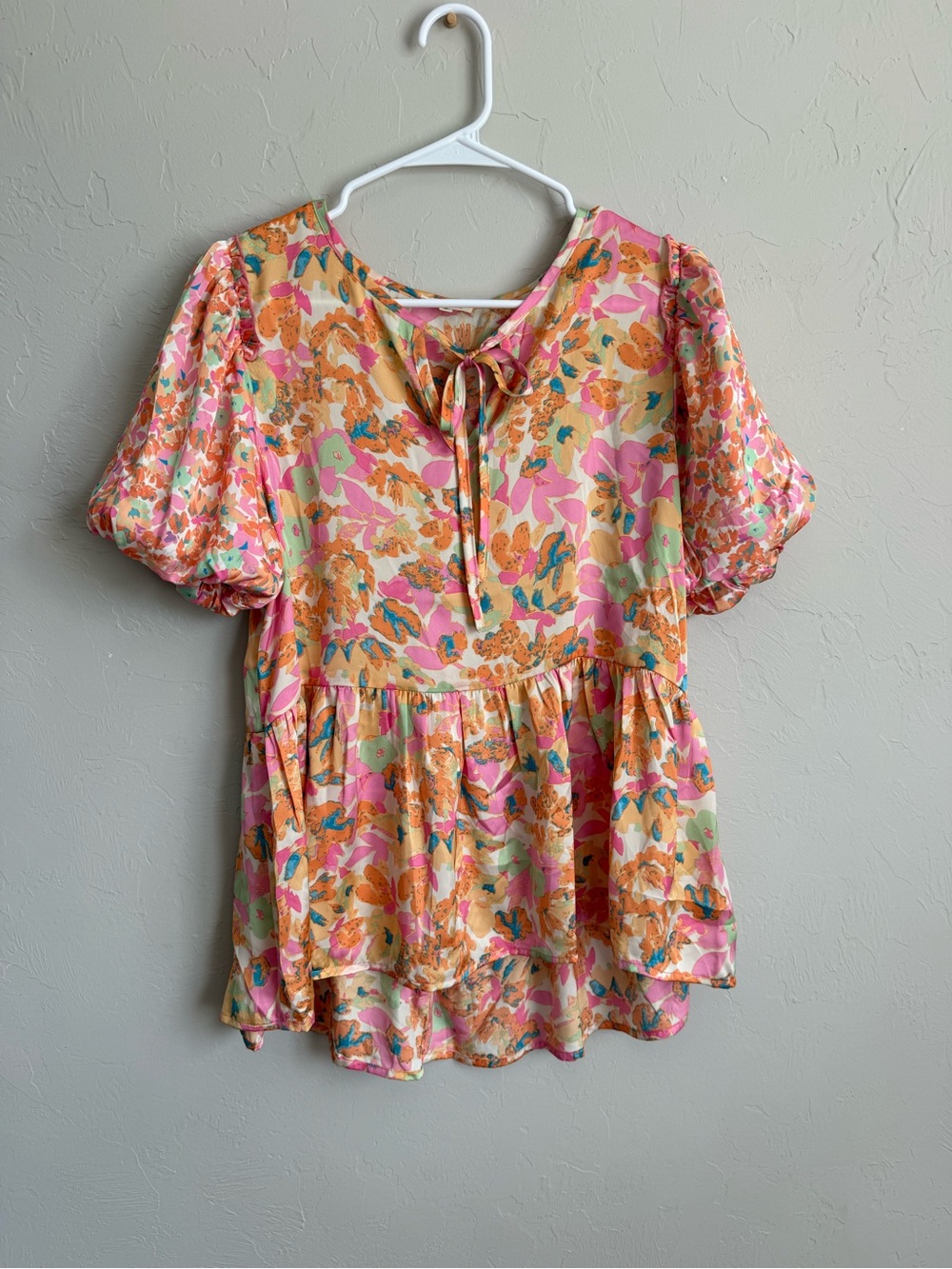 Floral Tie-Neck Peplum Blouse - Pink & Orange